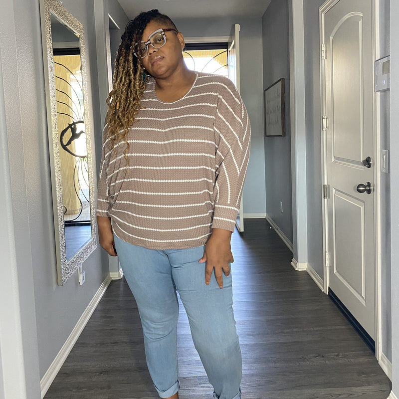 Plus Size Taupe Striped Dolman Sleeve Top - Taupe / 1X - 