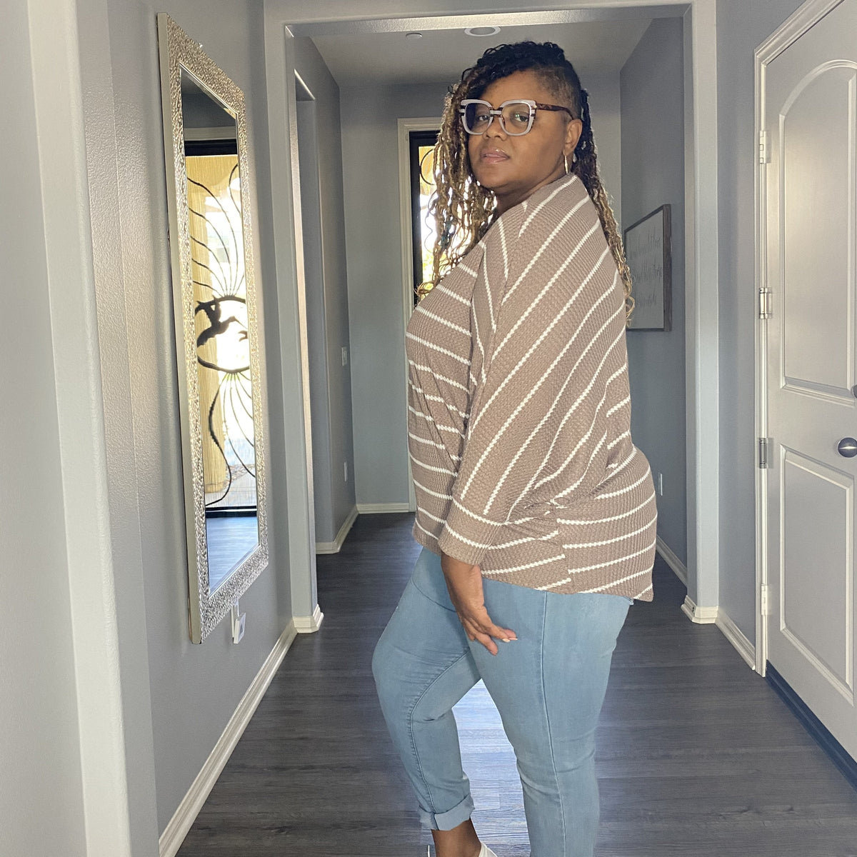 Plus Size Taupe Striped Dolman Sleeve Top - Plus size tops
