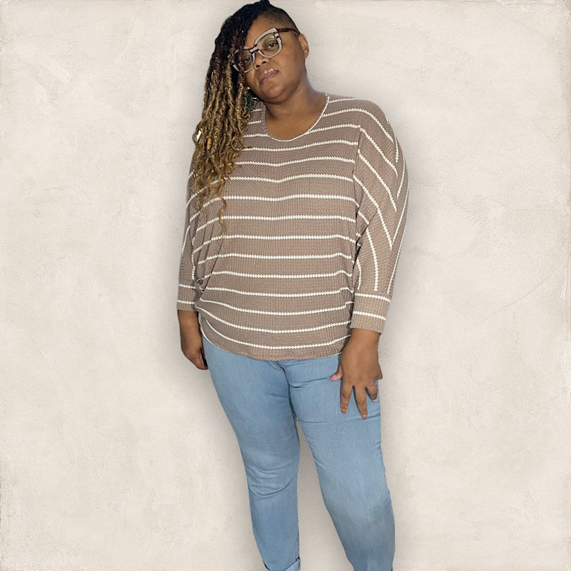 Plus Size Taupe Striped Sleeve Top Size 1X - Fabulously Dressed Boutique 
