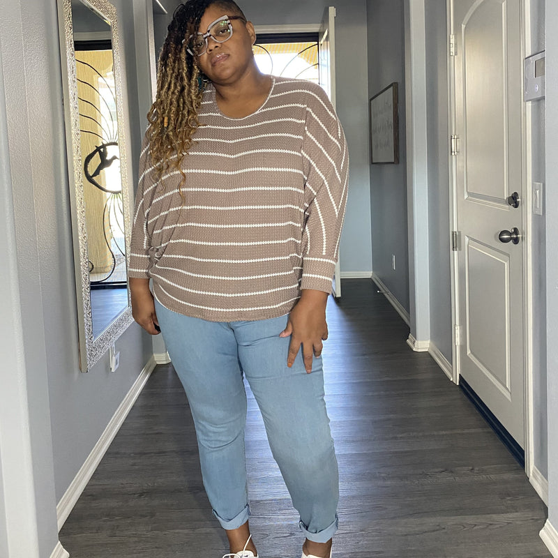 Plus Size Taupe Striped Dolman Sleeve Top - Plus size tops
