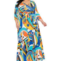 Plus Size Vibrant Geometric Faux Wrap Maxi Dress - Fabulously Dressed Boutique 