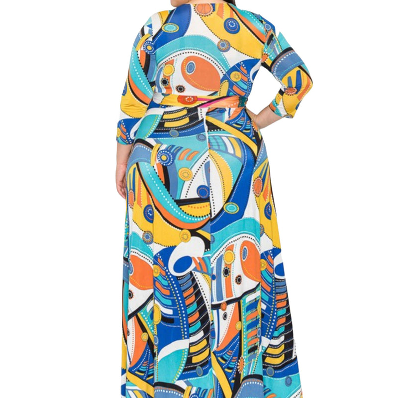 Plus Size Vibrant Geometric Faux Wrap Maxi Dress - Fabulously Dressed Boutique 