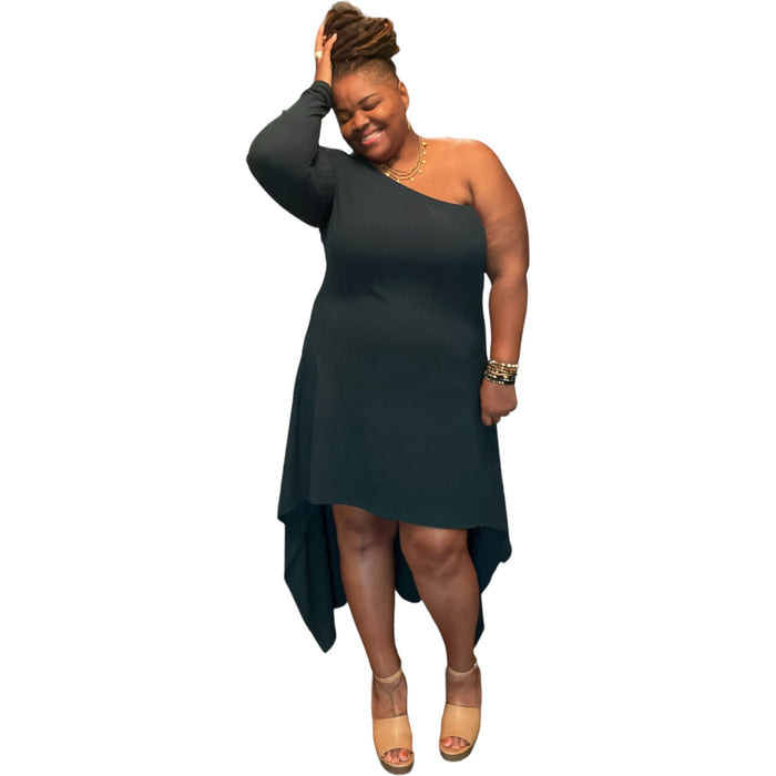 Plus Size Women’s Emerald Green One Shoulder Dress - Fabulously Dressed Boutique 