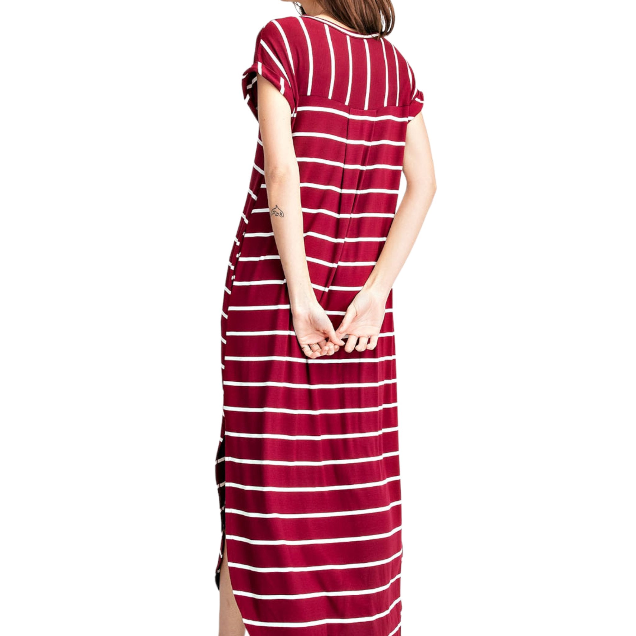 Stripe V-Neck basic Short Sleeves Maxi Dress - Fabulously Dressed Boutique 