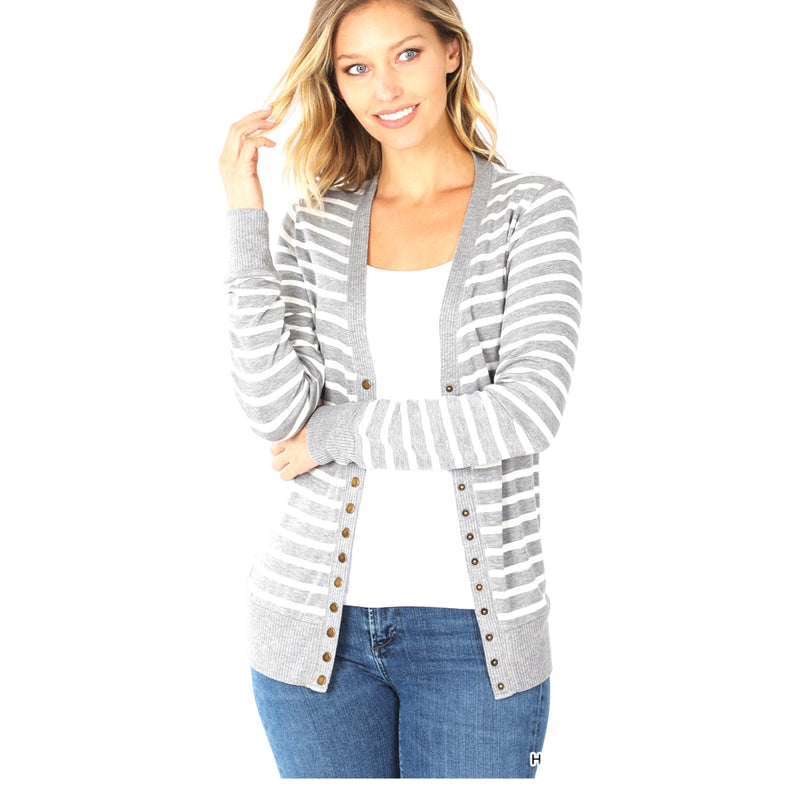 Striped Grey Sweater Snap Button Cardigan - Fabulously Dressed Boutique