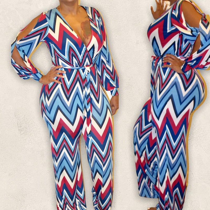New Chevron Print Open Sleeve Jumpsuit - Fabulously Dressed Boutique 