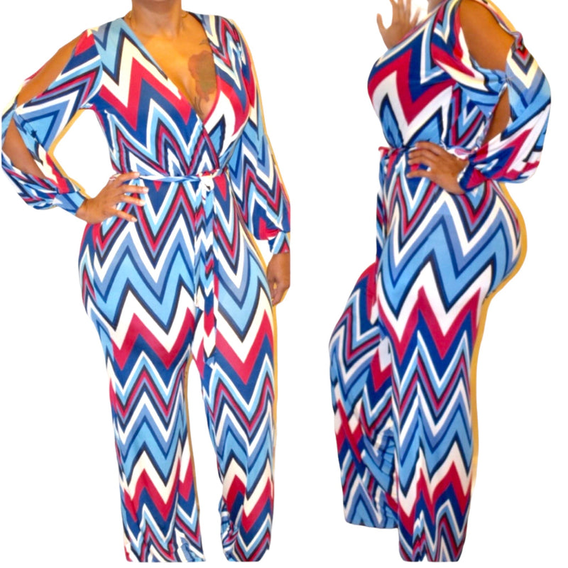 Women's Chevron Print Open Sleeve Jumpsuit - Fabulously Dressed Boutique 