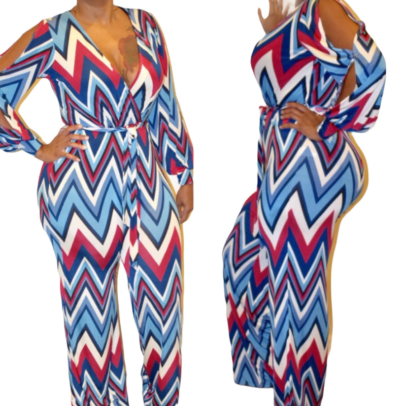 New Chevron Print Open Sleeve Jumpsuit - Fabulously Dressed Boutique 