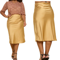 Women's Gold Plus Size Midi Satin Skirt - Fabulously Dressed Boutique 