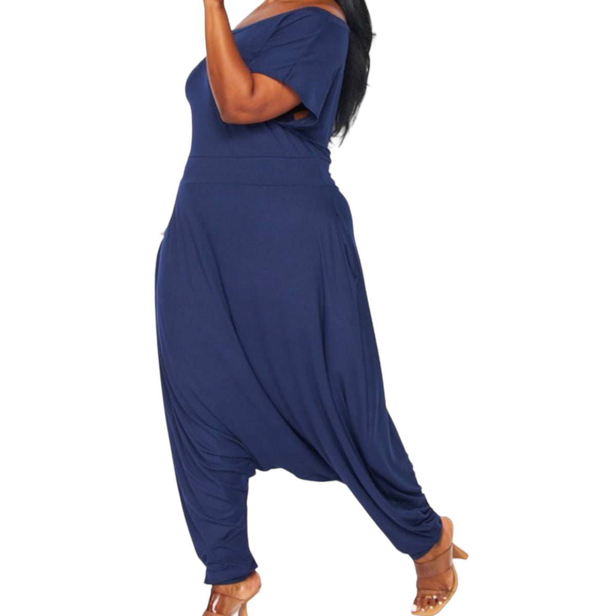 Women'S Plus Navy Off the Shoulder Harem Jumpsuit - Fabulously Dressed Boutique 