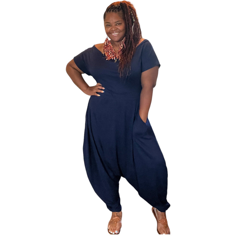 Women'S Plus Navy Off the Shoulder Harem Jumpsuit - Fabulously Dressed Boutique 