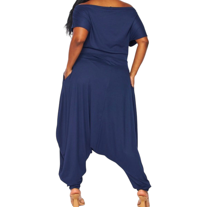 Women'S Plus Navy Off the Shoulder Harem Jumpsuit - Fabulously Dressed Boutique 