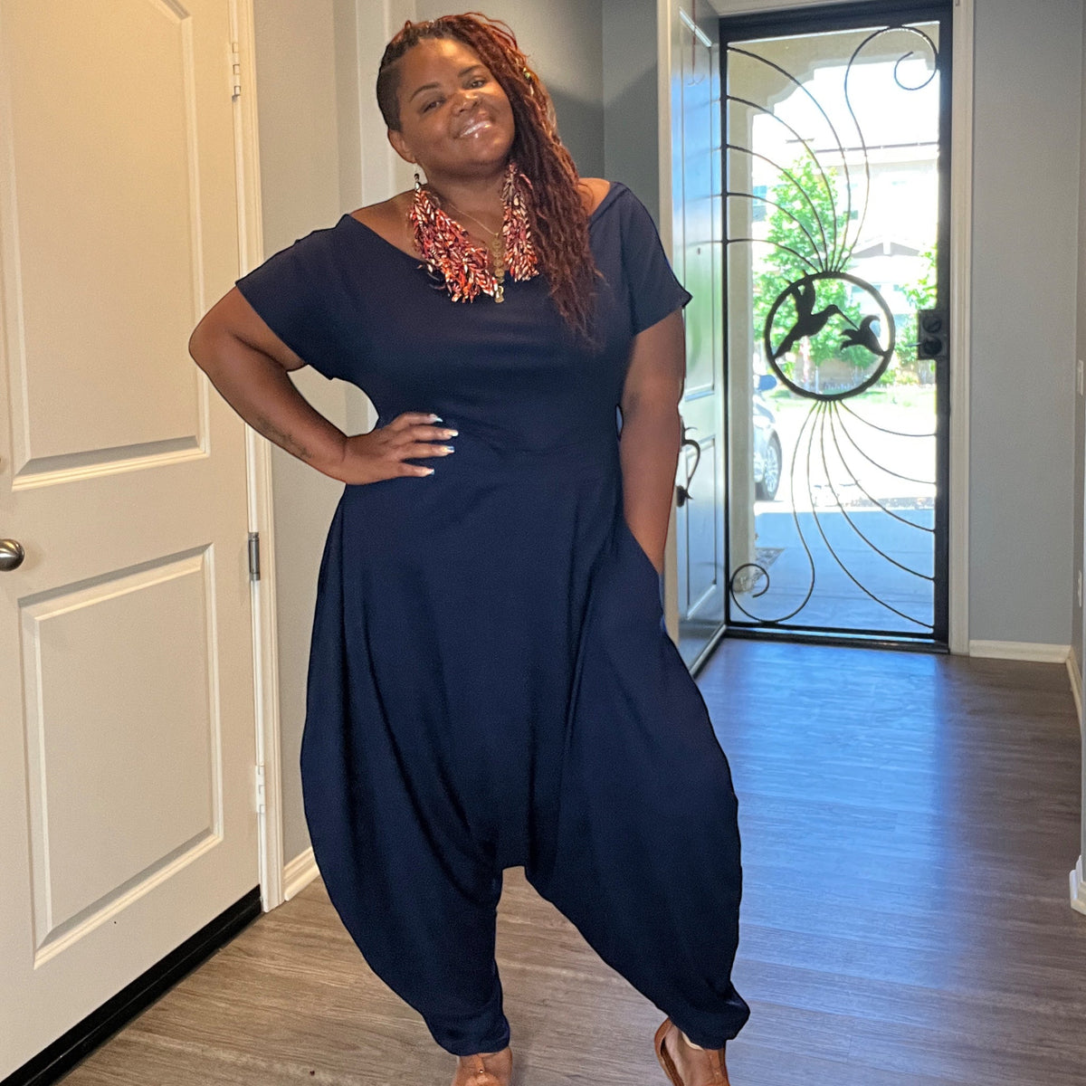 Women'S Plus Navy Off the Shoulder Harem Jumpsuit - Fabulously Dressed Boutique 