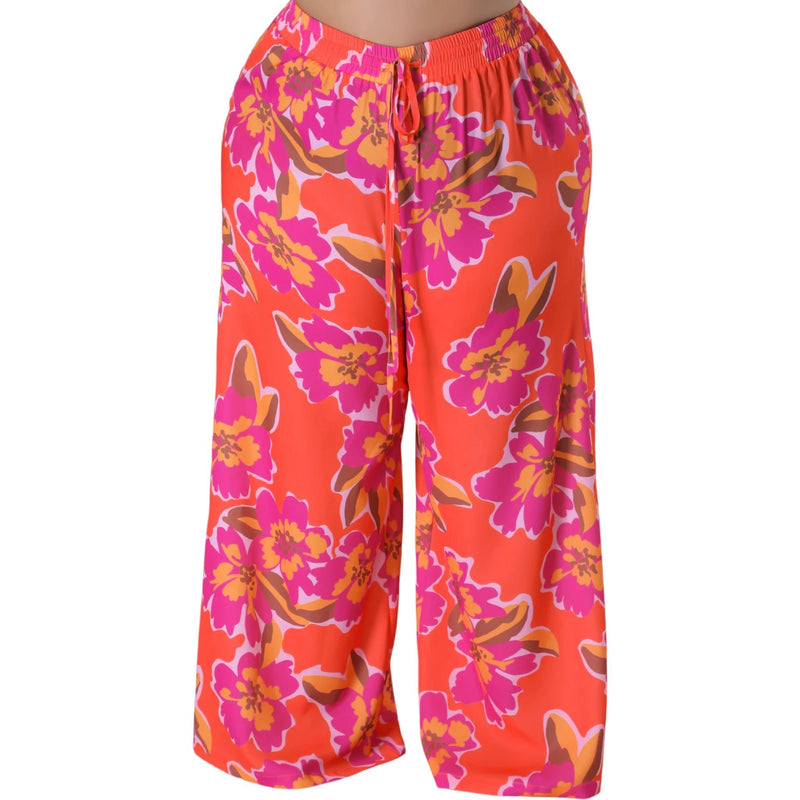 Women’s Plus Orange Floral Print Wide Leg Pants - Fabulously Dressed Boutique 