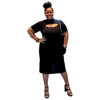 Plus Size All Black Front Cut Out Midi Dress - Fabulously Dressed Boutique 