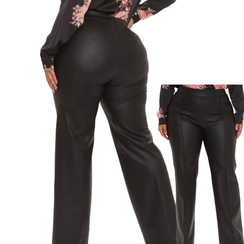 Plus Size Black Faux Leather Wide Leg Pants - Fabulously Dressed Boutique 