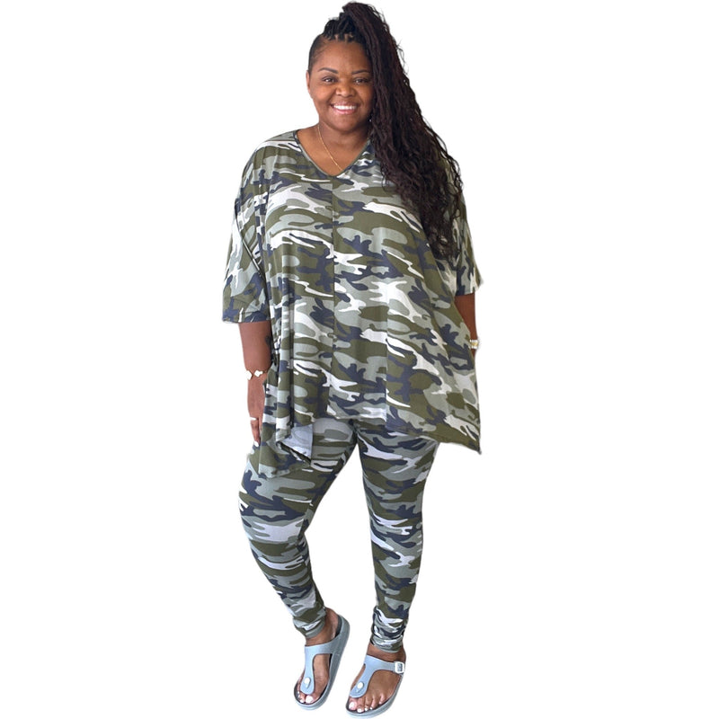 Women's Plus Size Camouflage Asymmetrical Legging Set - Fabulously Dressed Boutique 