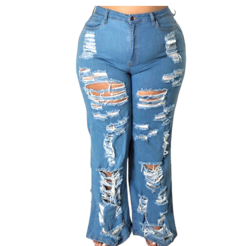 Women's Plus Size Distressed Flare Denim Pants - Fabulously Dressed Boutique
