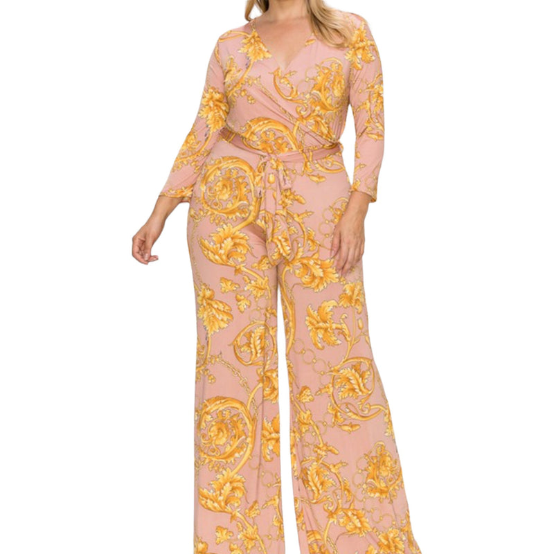 Plus Size Gold Chain Faux Wrap Jumpsuit Dress - Fabulously Dressed Boutique 