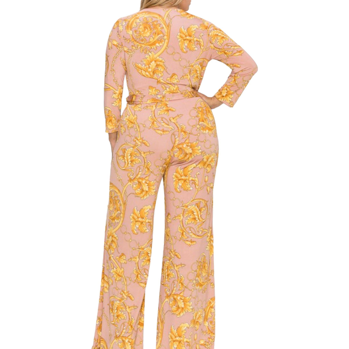 Plus Size Gold Chain Faux Wrap Jumpsuit Dress - Fabulously Dressed Boutique 