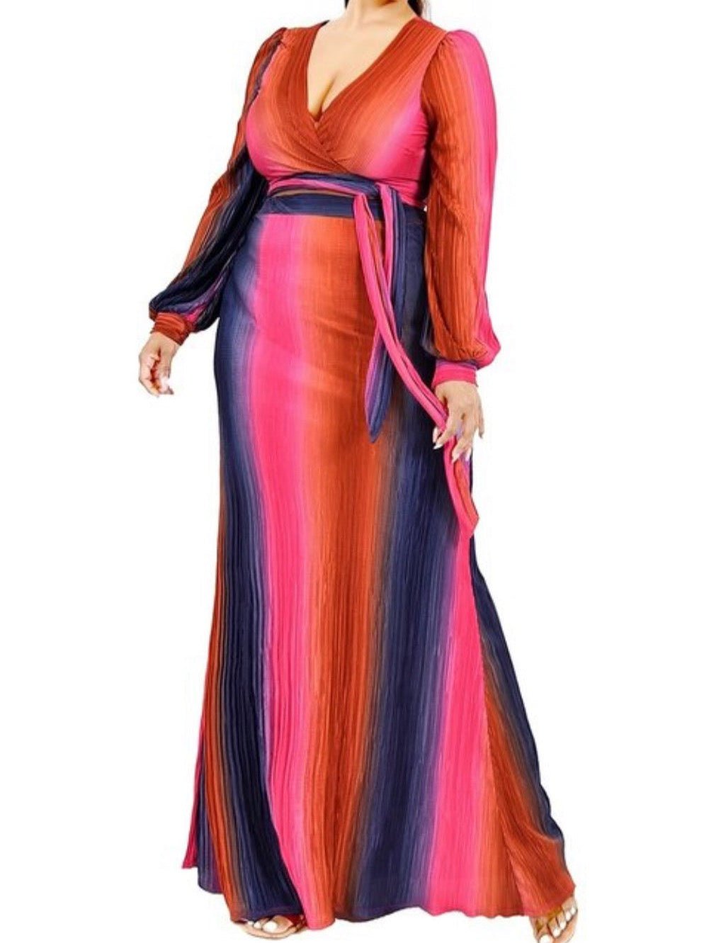 PLUS GRADIENT STRIPE 2 PIECE MAXI SKIRT SET - Fabulously Dressed Boutique 