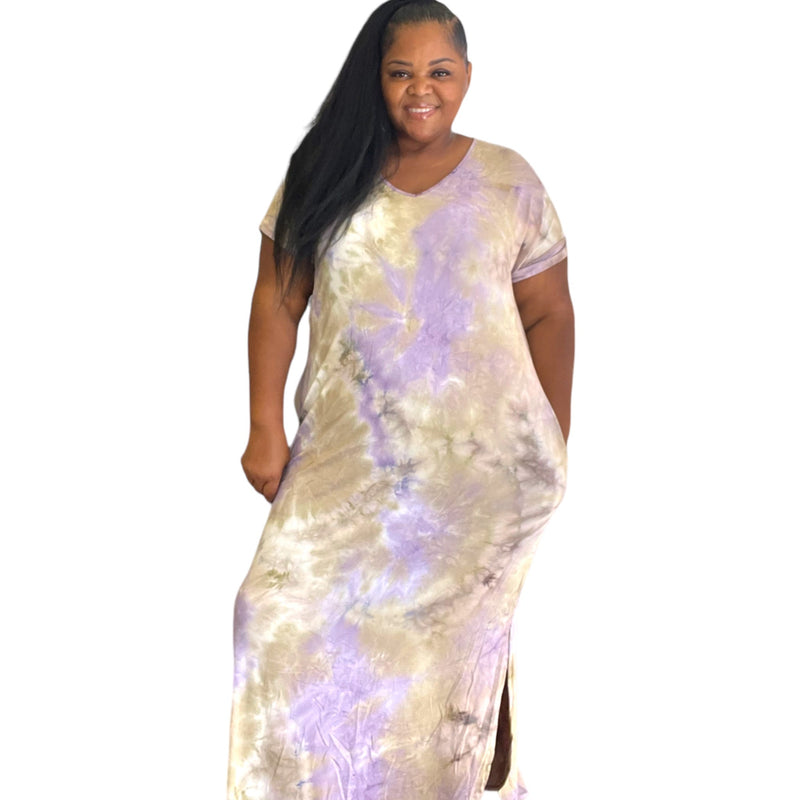 Women's Plus Size Lavender Tie Dye Tunic Maxi Dress - Fabulously Dressed Boutique 