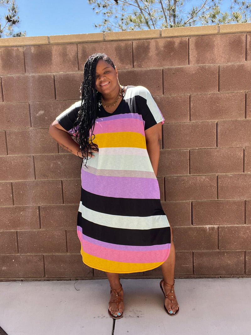 Women's Plus Size Midi Striped Dress With Pockets - Fabulously Dressed Boutique 