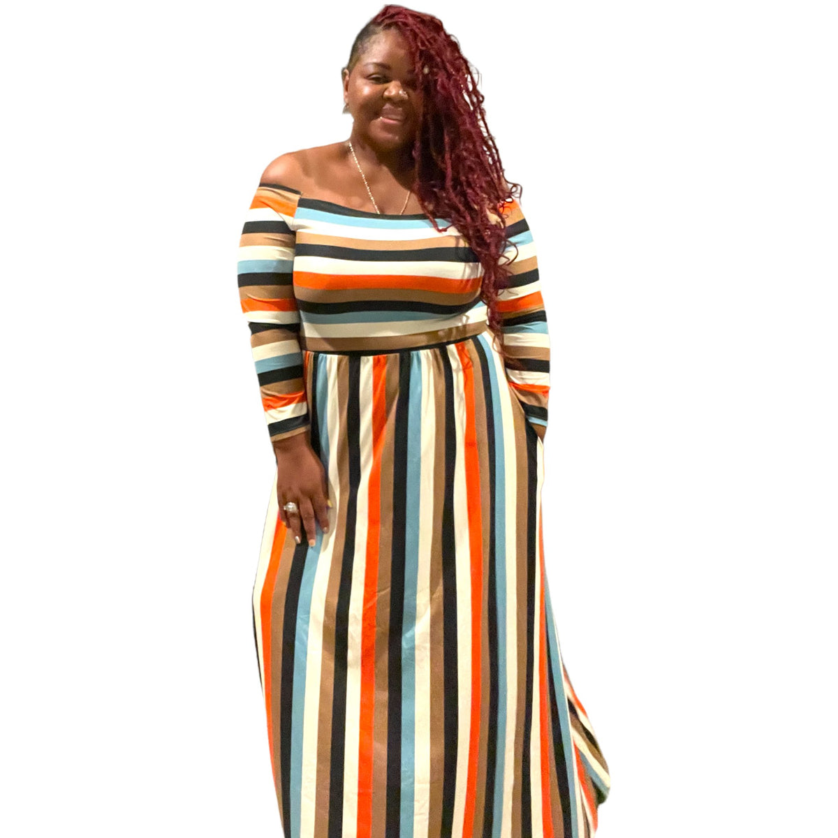 Women’s Plus Size Off The Shoulder Striped Maxi Dress - Fabulously Dressed Boutique 