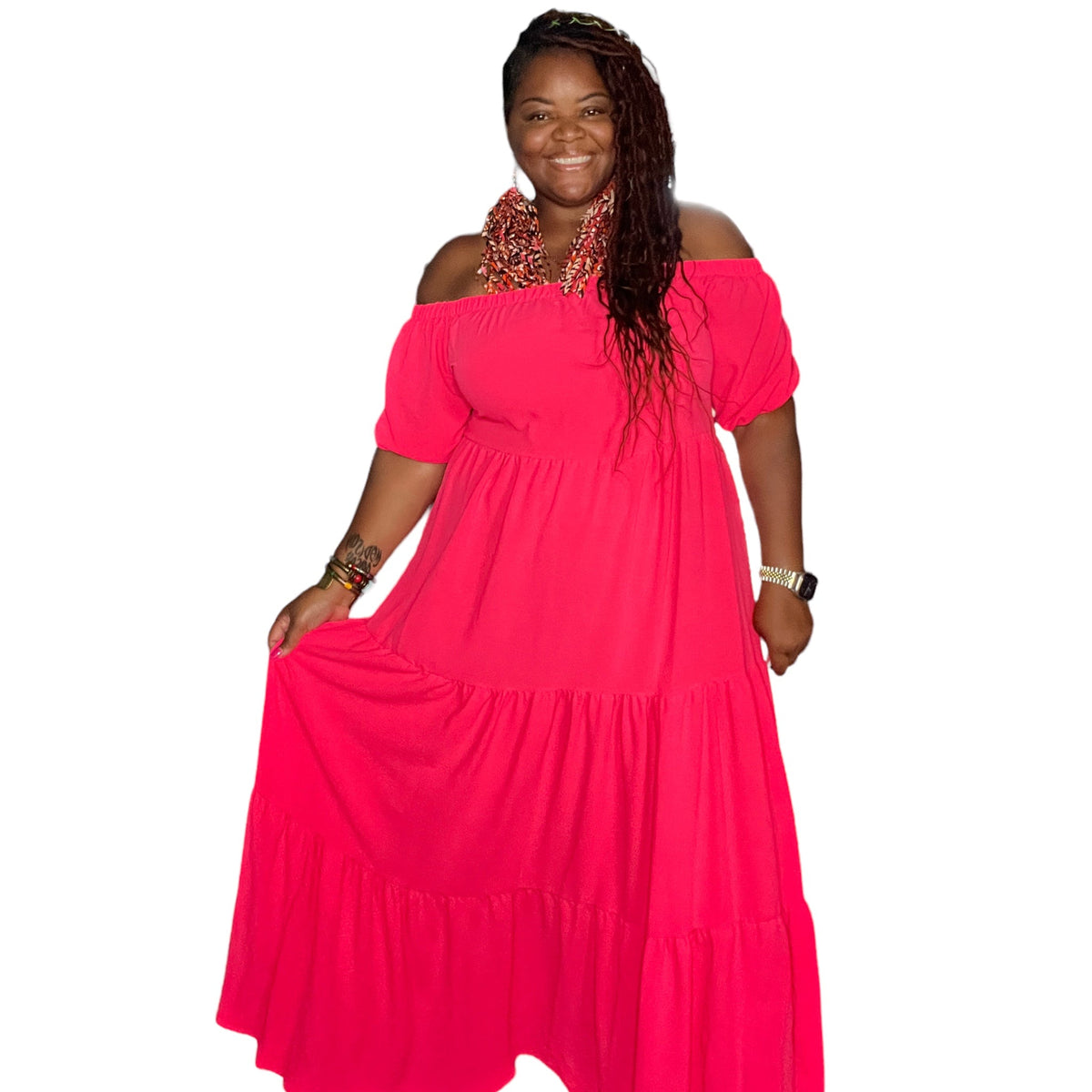 Women's Plus Size Off The Shoulder Tiered Flare Dress - Fabulously Dressed Boutique