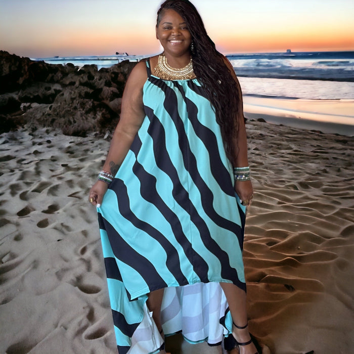 Women's Plus Size Wavy Hi Lo Print Maxi Dress - Fabulously Dressed Boutique 