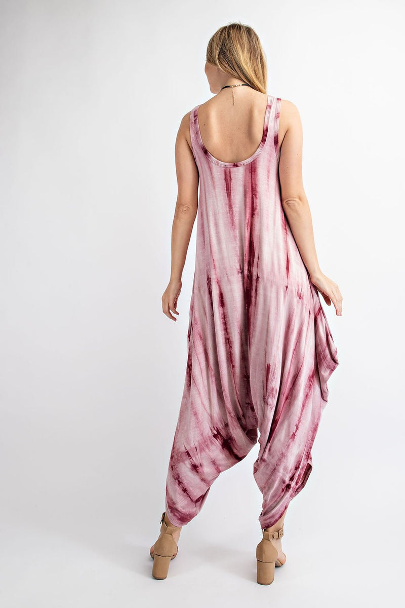 Women's Wine Tie Dye Harem Jumpsuit - Fabulously Dressed Boutique 